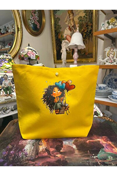 Elisss Design Duck Linen Cotton Fabric Figured Yellow Snap Fastener Picnic Ba...