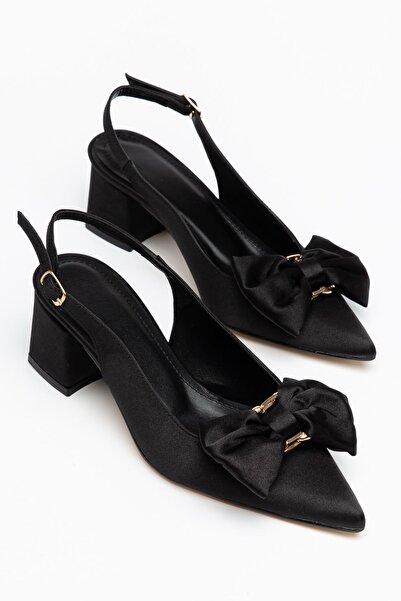 Hayalimdeki Ayakkabı Liar Women's Black Satin Buckle Casual Classic Heeled Shoes