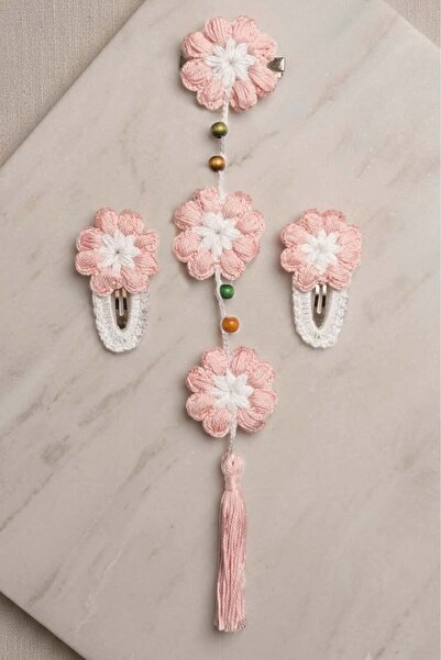 GRI MOR TEKSTIL Hand Knitted 3-Piece Daisy Patterned Bow and Clasp Set