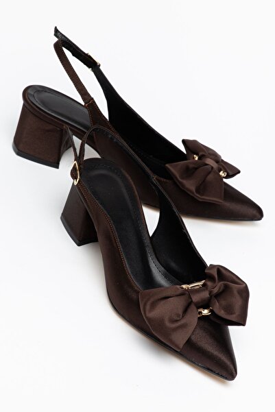 Hayalimdeki Ayakkabı Liar Women's Brown Satin Buckle Casual Classic Heeled Shoes