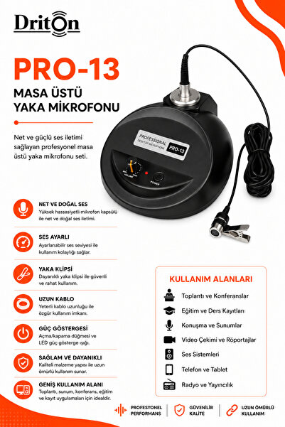 DRİTON PRO-13 SES AYARLI KABLOLU MASAÜSTÜ YAKA MİKROFON