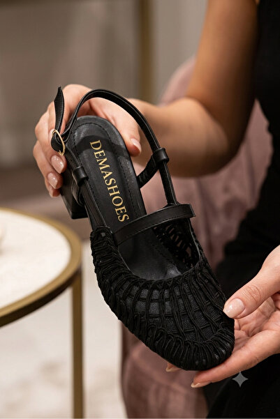 Demashoes صندل نسائي أسود مريح بكعب سميك قصير ونسيج محبوك 3 سم