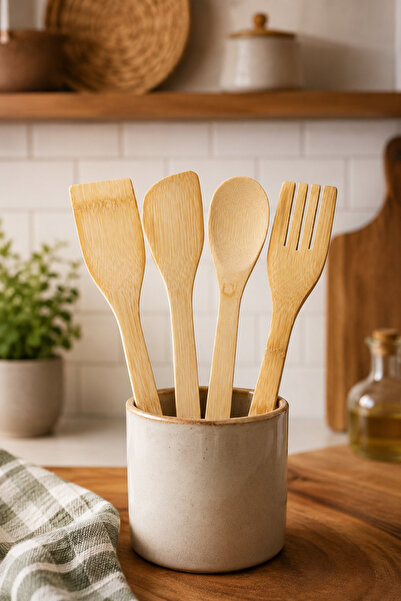VENİV 4-Piece Bamboo Kitchen Spoon Set – Natural Wooden Spatulas and Serving ...