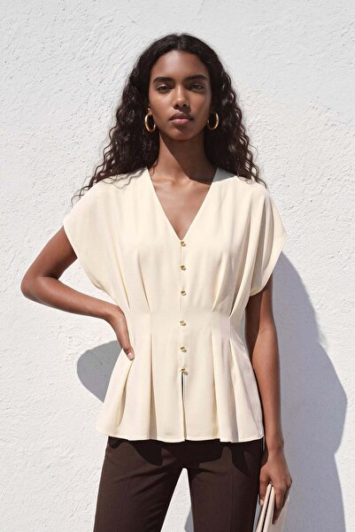 Sateen Short Sleeve Blouse - Beige