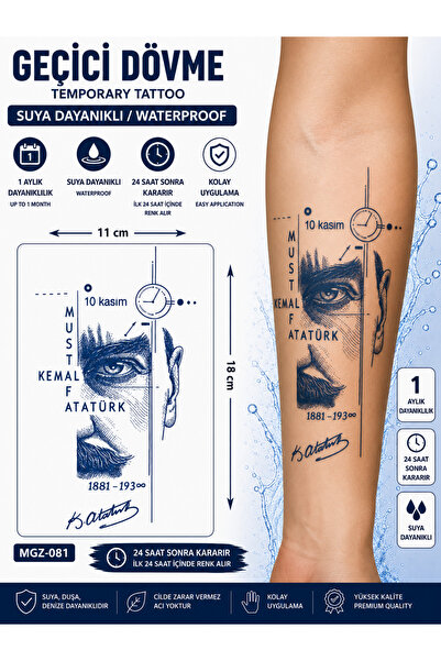 medink tattoo 1 Ay Kalıcı Sonradan Kararan 11X 18 cm Atatürk model geçici döv...