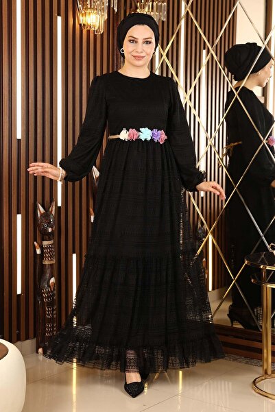 Missvalle Lace Belt Floral Dress Black 10242
