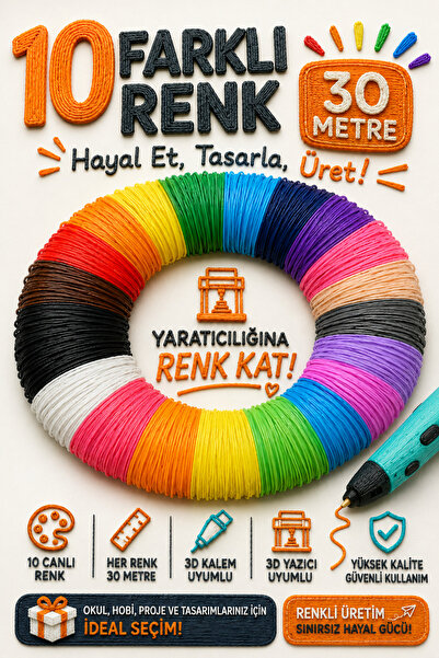 BOTE CONCEPT 3D Kalem İçin PLA 10 Canlı Renk Filament Seti 30 Metre – 10 Canl...