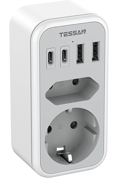 TESSAN Çift Priz , 2 Usb-C ve 2 Usb-A'lı 6'sı 1 Arada Soket Adaptörü, 3600W, ...
