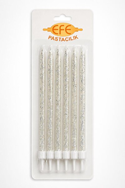 EFE PASTACILIK Beyaz Gümüş Simli Uzun Pasta Mumu 17 Cm