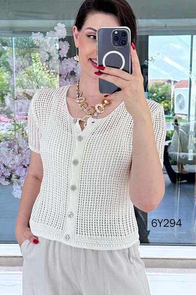 İnce Topuk Openwork Short Sleeve Buttoned Cardigan 6Y294