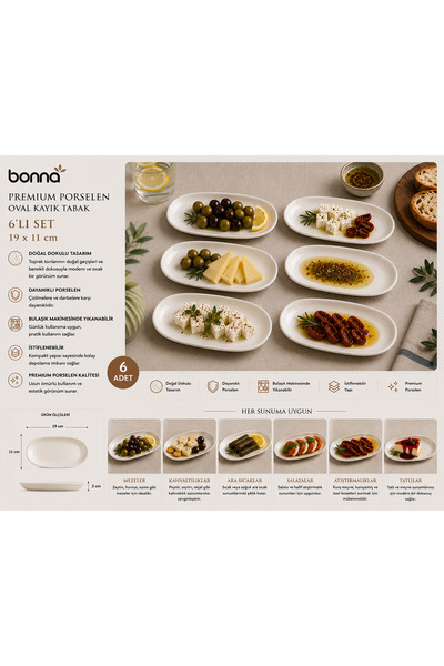 Bonnami Bonna Gourmet Oval Kayık Tabak 19X11 cm 200 Cc - Porcelain Salad, App...