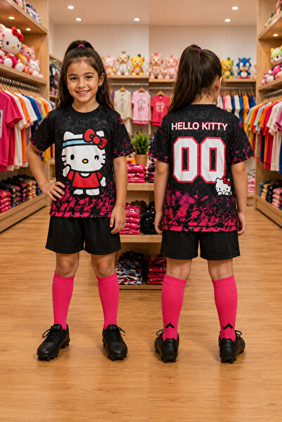 Selvira Hello Kitty Kız Çocuk Futbol Forması Şort Takımı – Siyah Pembe Karakt...
