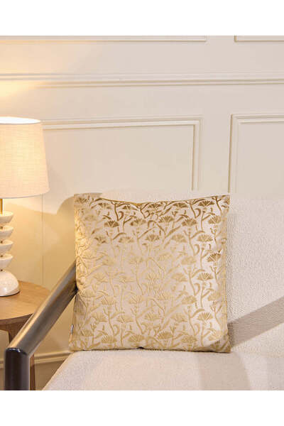 REDTAG Beige Velvet Floral Jacquard Cushion