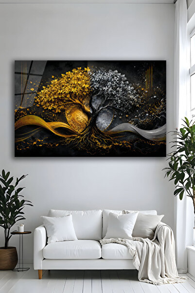Parıltı Yayınları Lüks Hayat Ağacı Gold Ve Gümüş Detaylı Modern Cam Tablo
