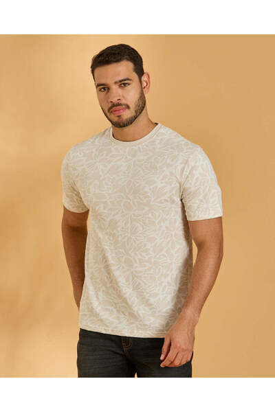 REDTAG Men Beige Jacquard T-Shirt