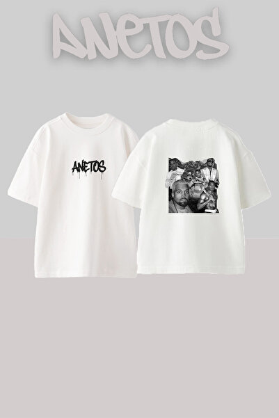 Anetos تي شيرت أبيض كبير الحجم مطبوع بتصميم Kanye West_94