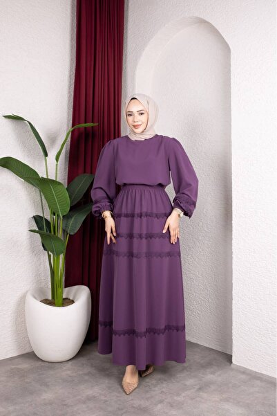 nisanurfashion Elegant Lace Detailed Hijab Two-Piece Set – Plum