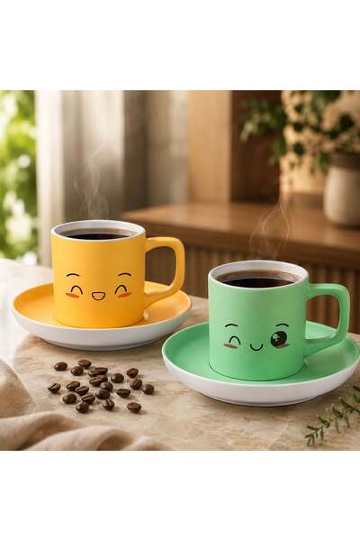 Bk Gift Set of 2 Yellow and Green Colored Emoji Face Design Ceramic Turkish C...