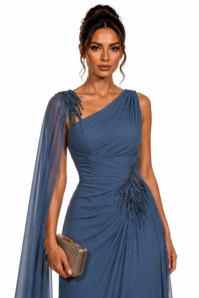 Lovely Dress Taş İşlemeli Tek Omuz Şifon Pelerinli Uzun Abiye Elbise
