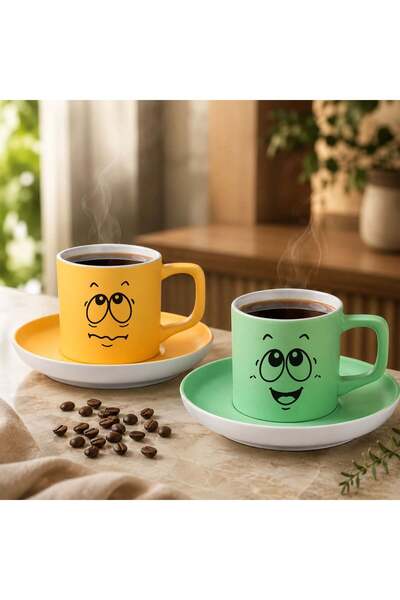 Bk Gift Set of 2 Yellow and Green Color Emoji Face Design Ceramic Turkish Cof...