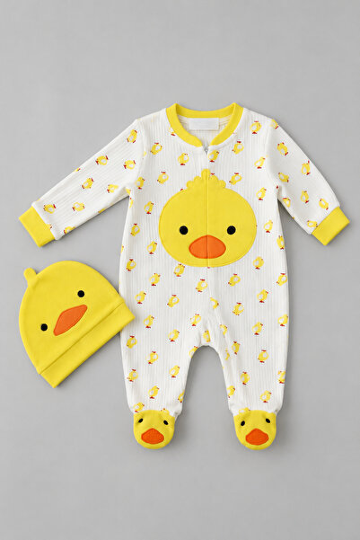 My Babies Label Mini Chick 100% Cotton Ribbed Zippered Baby Romper & Hat Set