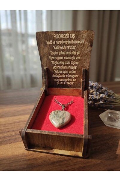 Meneva Aksesuar Rodokrozite Stone Natural Stone Heart Model Necklace with Woo...