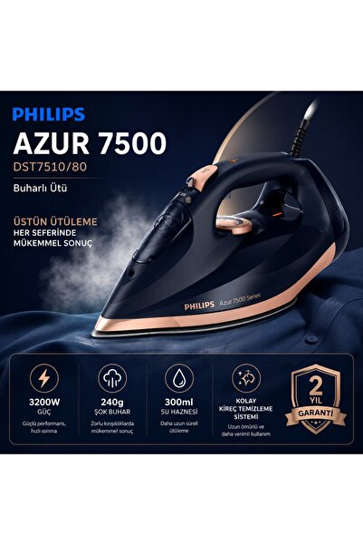 Philips 7500 Serisi Buharlı Ütü, 3200W, 55 g/dk Sürekli Buhar, SteamGlide Eli...