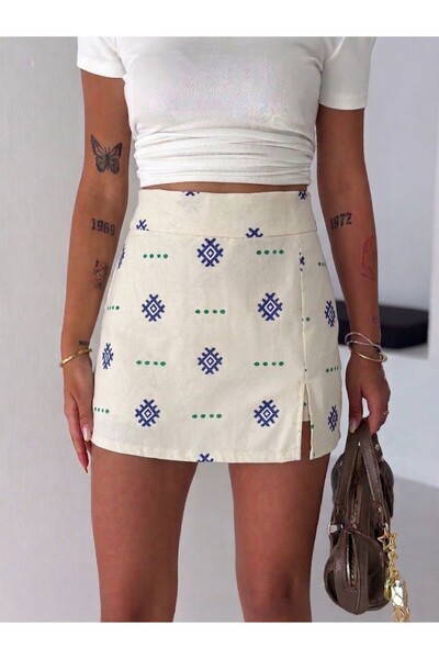 SLAW REZZ Women's Cream Ethnic Embroidered Linen Zipper Mini Shorts Skirt Sli...