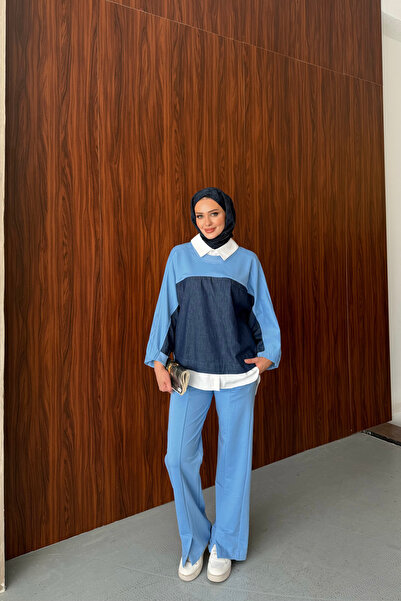 Dimor Mavi Gömlek Yakalı Denim Detaylı Takım