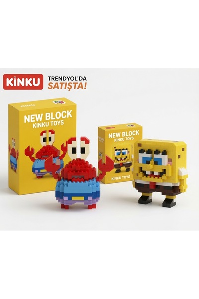 KİNKU Sünger Bob ve Bay Yengeç Mini New block 3D Puzzle / Sevimli Figür / 2'Li Eğlenceli Set / Hobi+