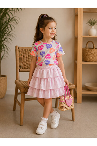 BAHNUR Girl's Baby Printed Heart Patterned T-Shirt and Layered Ruffled Pink Skirt Set Summer Two-Piece Combination