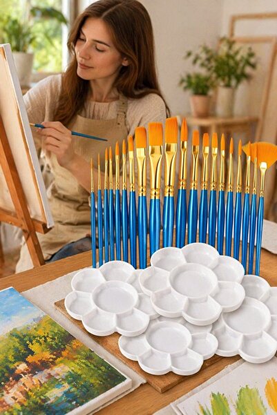 Generic 25 Pcs Nylon Paint Brush Set Acrylic Oil Watercolor Wooden Handle She...