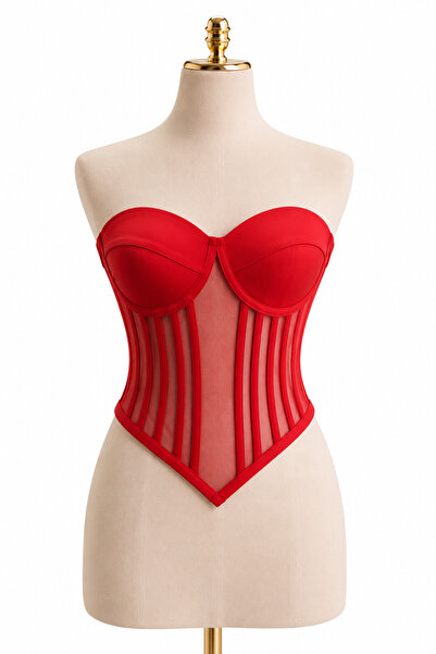 FİYPER Red Transparent Underwire Corset Bustier with M-Neck Triangle