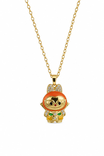 Jack Ferrero Yellow Color Robot Figured Steel Necklace with Stone Detail
