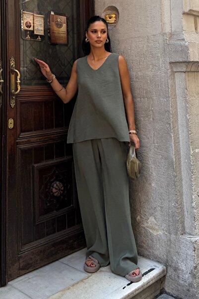 BEJNA Women's V-Neck Sleeveless Blouse Pants Modal Touch Woven Set