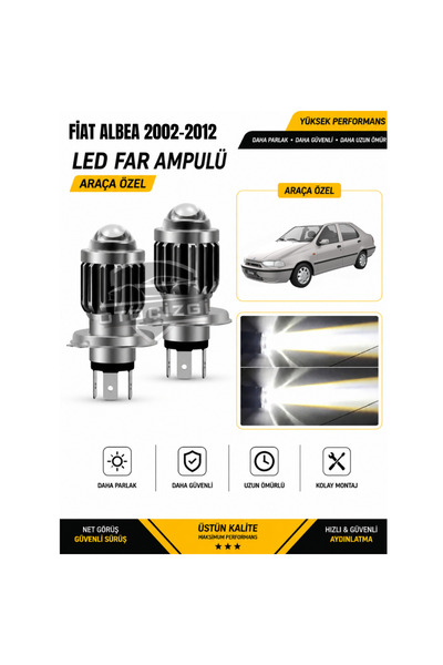 Oto Çizgi Fiat Albea 2002-2012 H4 LED Far Ampulü Beyaz Işık Canbus Mini Lensl...