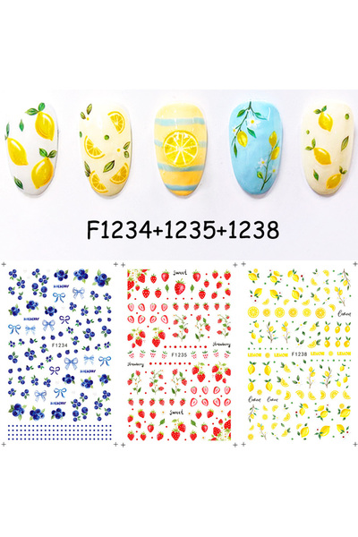Choice F1234-1235-1238 3 pcs 3D Summer Fruit Nail Art Stickers Realistic Lemo...