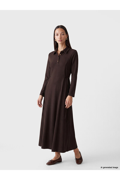 LC Waikiki Lcw Everyday Brown Polo Collar Waist-Slit Dress