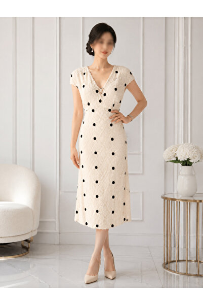 Nobrand White Polka Dot Black Dress with a Feminine Silhouette Midi Dress
