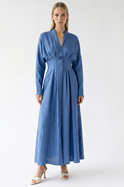 Exquise Long Sleeve Waist Fitted V-Neck Slim Fit Linen Midi Dress