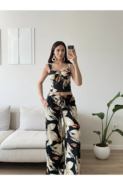 Zoom Butik Yaprak Desen Palazzo İkili Takım - SİYAH
