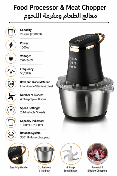 Baytix HOME 2L Food Processor & Meat Chopper, Electric Kitchen Chopper 1000W ...