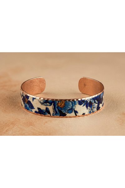 Erol Bakır Copper Blue Floral Pattern Adjustable Clamp Bracelet