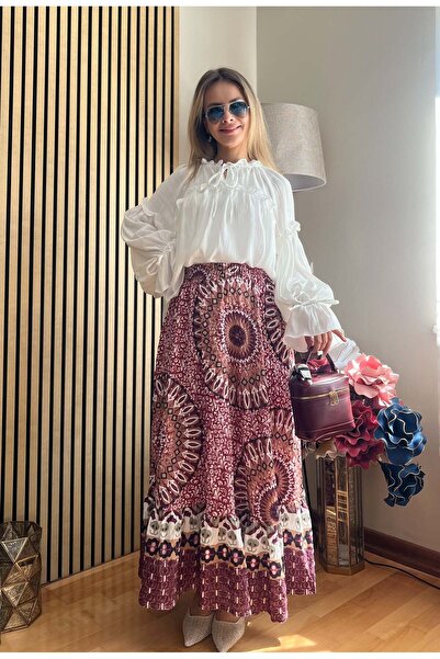 Cardella Valeria Patterned Skirt Blouse Set with Drawstring Detail, Loose Cut...