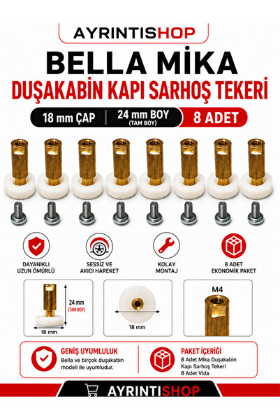 Bella Mika Duşakabin Kapı Sarhoş Tekeri 18 mm Çap 24 mm Boy 8 Li Adet