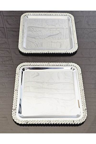atabey home collection 2 ADET SUNUM TEPSİSİ KARE HASIR FULL GÜMÜŞ TEPSİ 22 CM