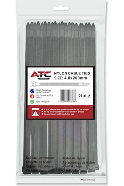 ATC Πλαστικά δεματικά καλωδίων 200mmx4.8mm σε μαύρο χρώμα 100 τεμάχια 20.007....