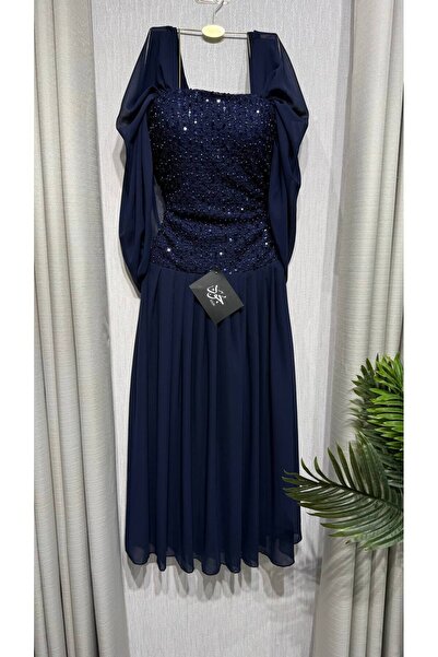 Jood Navy Blue Midi Dress with Shimmering Embroidery and Pleated Chiffon