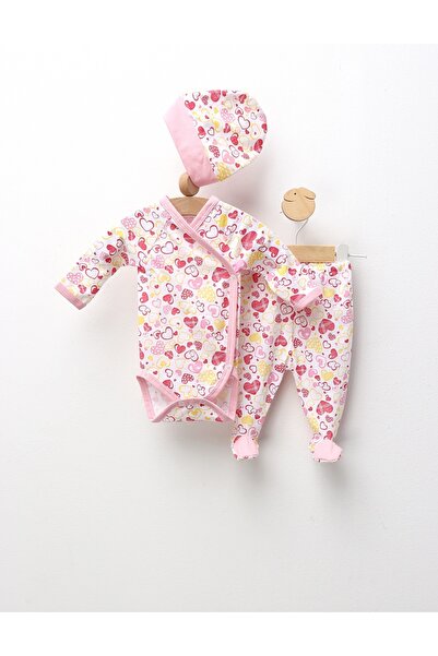 MiniKids Set Body+Pantaloni+Fes, Inimioare, roz
