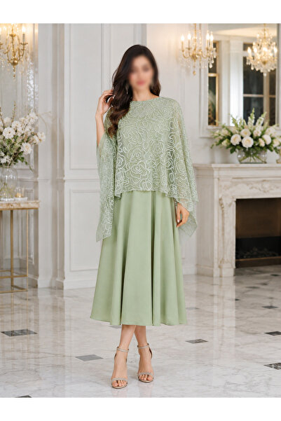 Nobrand Light Green Women's Set with Lace Cape Embroidered with Luxurious Design